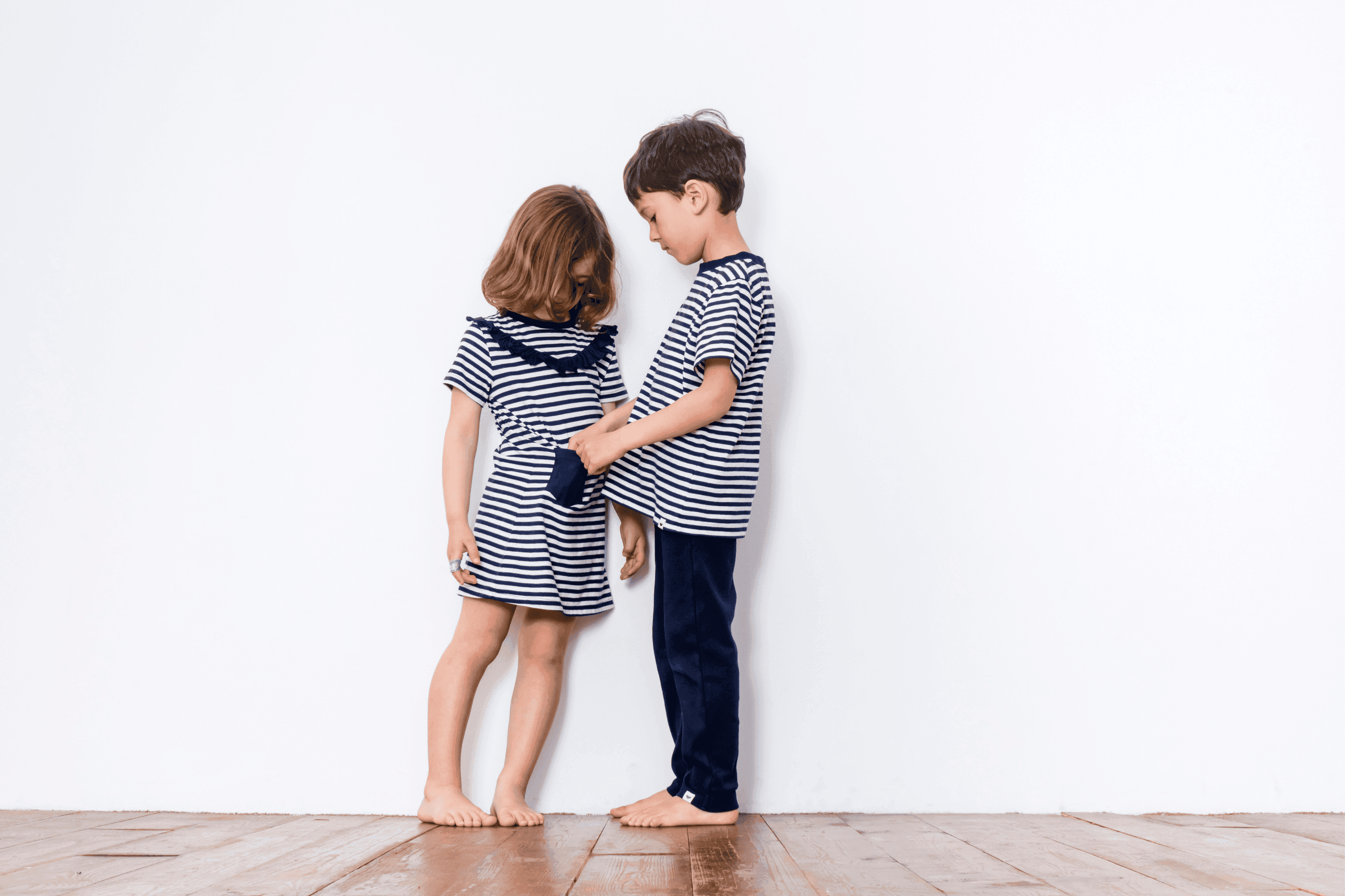 Striped t-shirt, rib trousers and ruffle dress